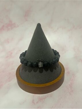 Black Lava Bead Bracelet with Crown Accent